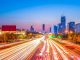 Vehicle lights on an urban road in Jinan, China.