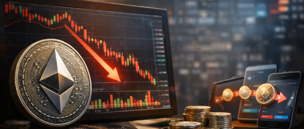 Ethereum coin displayed in front of a trading monitor showing a downward market trend, with crypto wallets and coins symbolising transfers during a price decline.