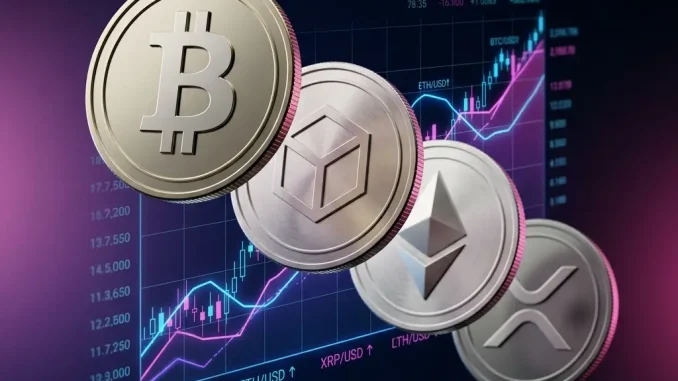 AI cryptocurrency price predictions for Bitcoin, Ethereum, XRP with futuristic holographic chart display