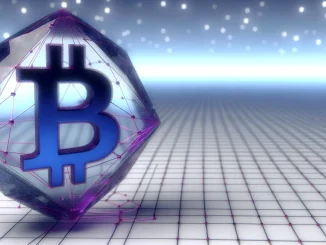 Quantum-resistant Bitcoin structure with crystalline geometry and encryption pathways in blue and magenta