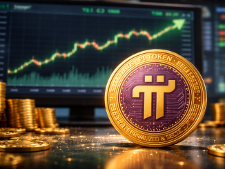 A bullish PI coin in front of a monitor
